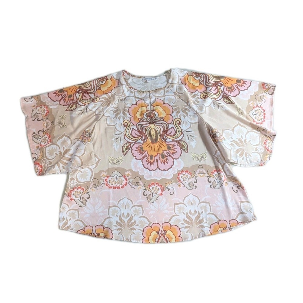 Chico's Floral Boho Blouse Size 2 (US 12) - Butterfly Kimono Sleeve Keyhole Top